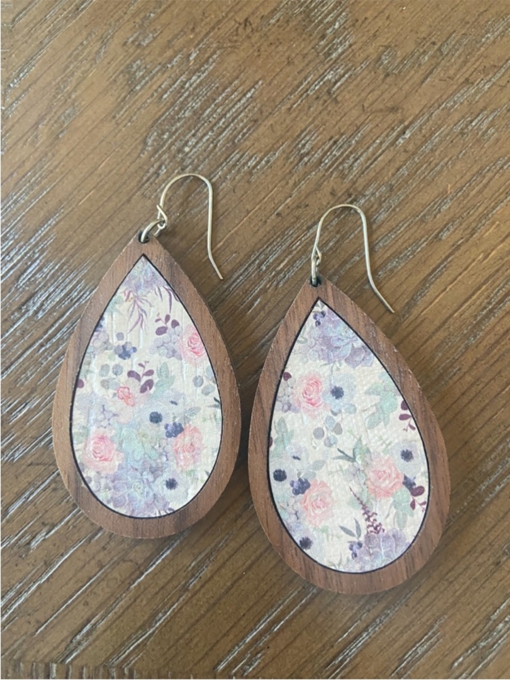 Floral Pastel Teardrop Wood Earrings - Pink & Lavender